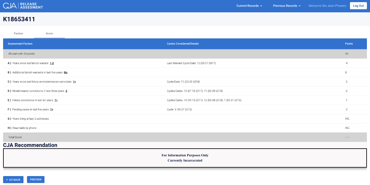 A table with rows of arrest factors and associated points